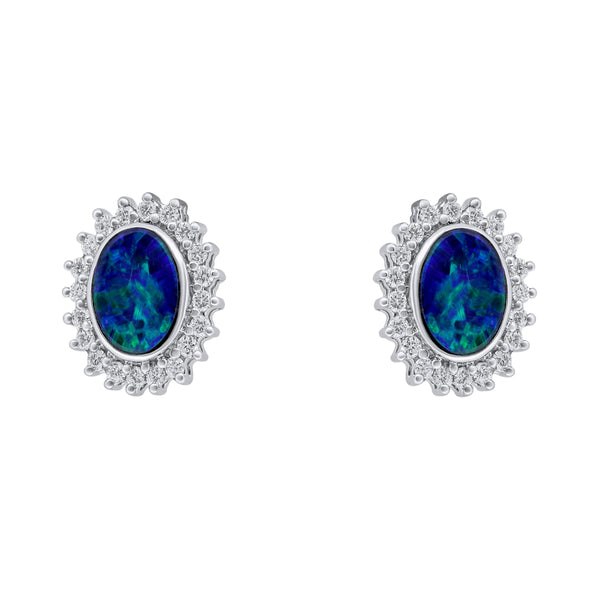 14ct white gold 1.66ct opal doublet & 0.43ct diamond earrings