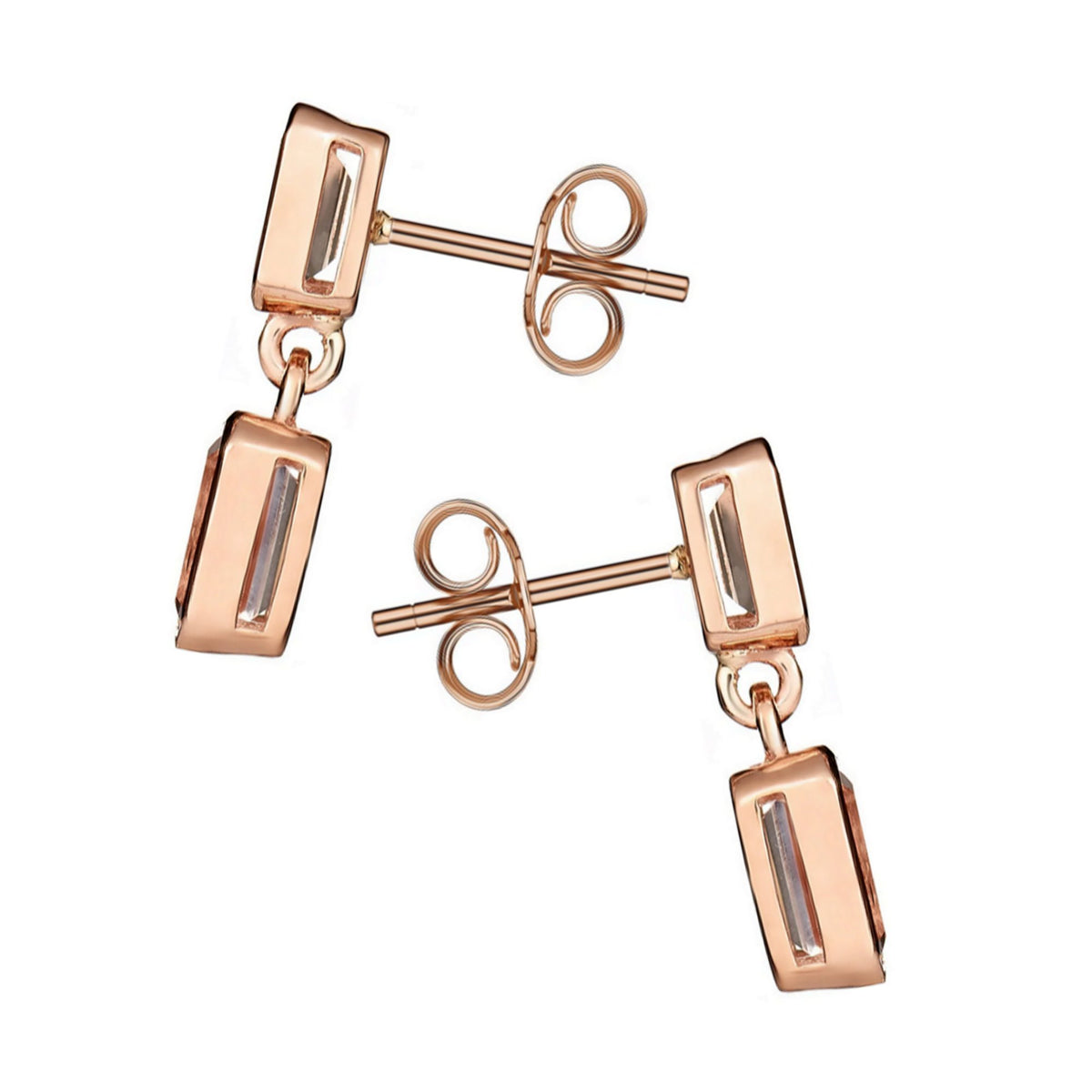 9ct rose gold 6x4mm 5x3mm emerald cut morganite drop earrings