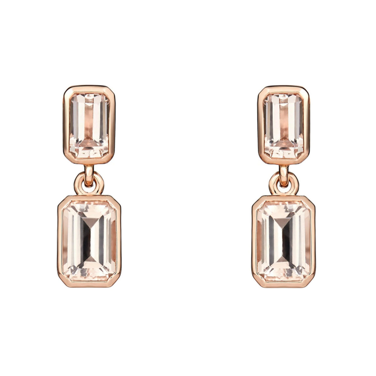 9ct rose gold 6x4mm 5x3mm emerald cut morganite drop earrings