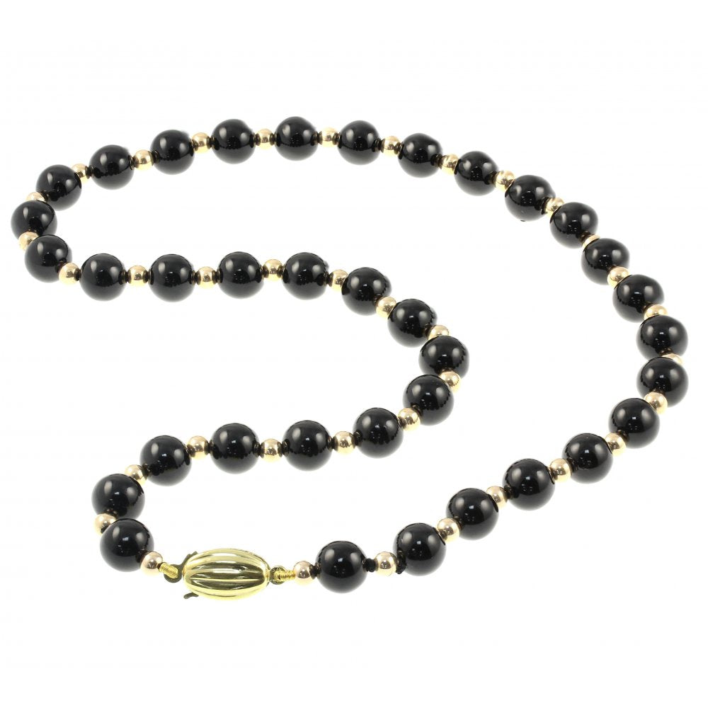 9ct yellow gold 18" black 6mm onyx & 3mm bead necklace