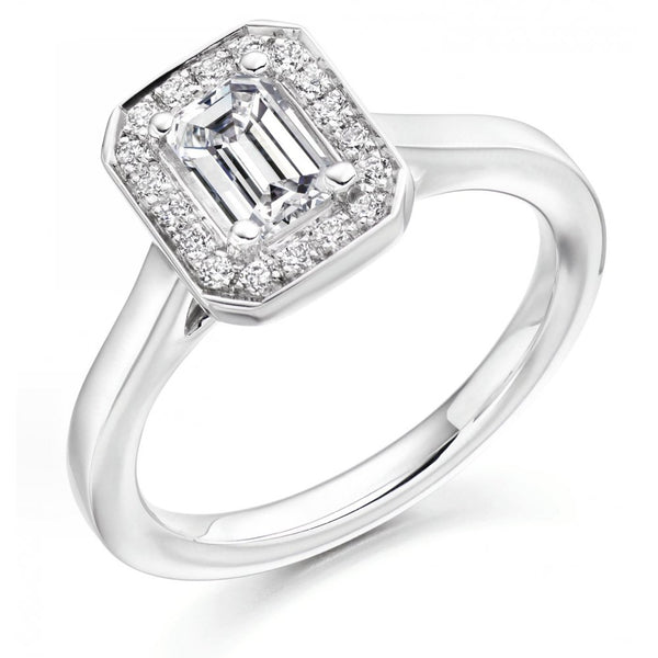 Platinum 0.70ct E VS2 GIA emerald cut diamond halo ring