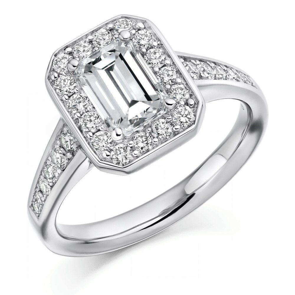 Platinum 1.03ct E VS1 GIA emerald cut diamond halo ring