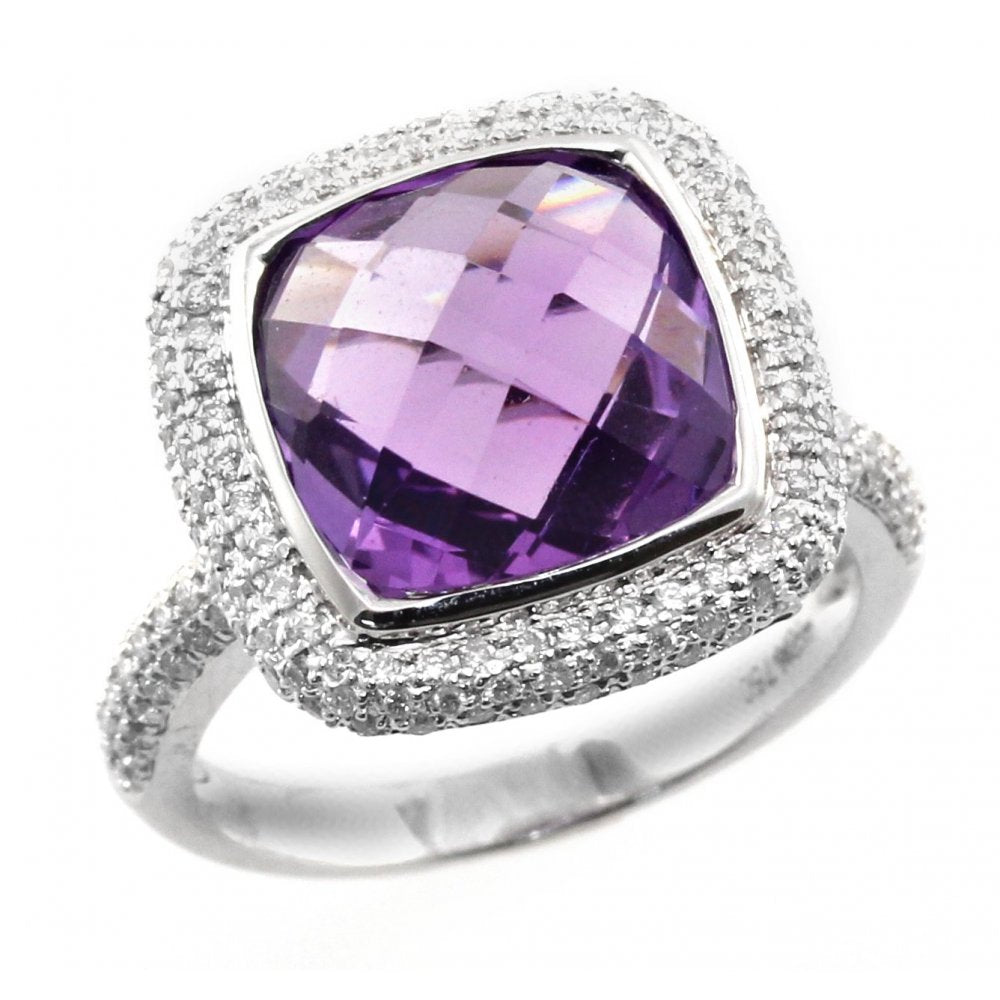 18ct white gold 4.86ct amethyst & 0.60ct diamond cluster ring
