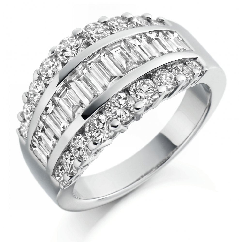 Platinum 2.65ct baguette & round diamond broad dress ring