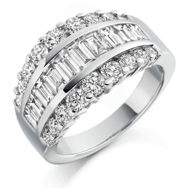 Platinum 2.65ct baguette & round diamond broad dress ring