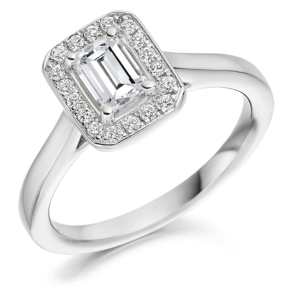 Platinum 0.51ct D VS2 GIA emerald cut diamond halo ring