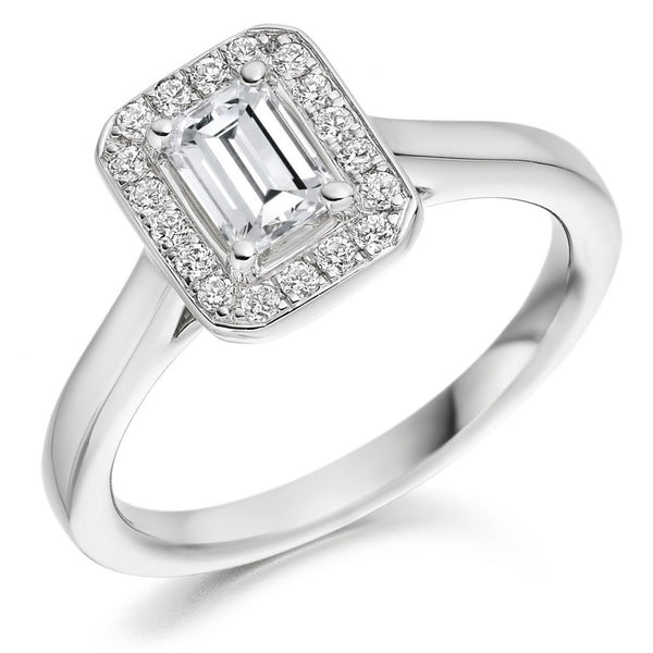 Platinum 0.51ct D VS2 GIA emerald cut diamond halo ring