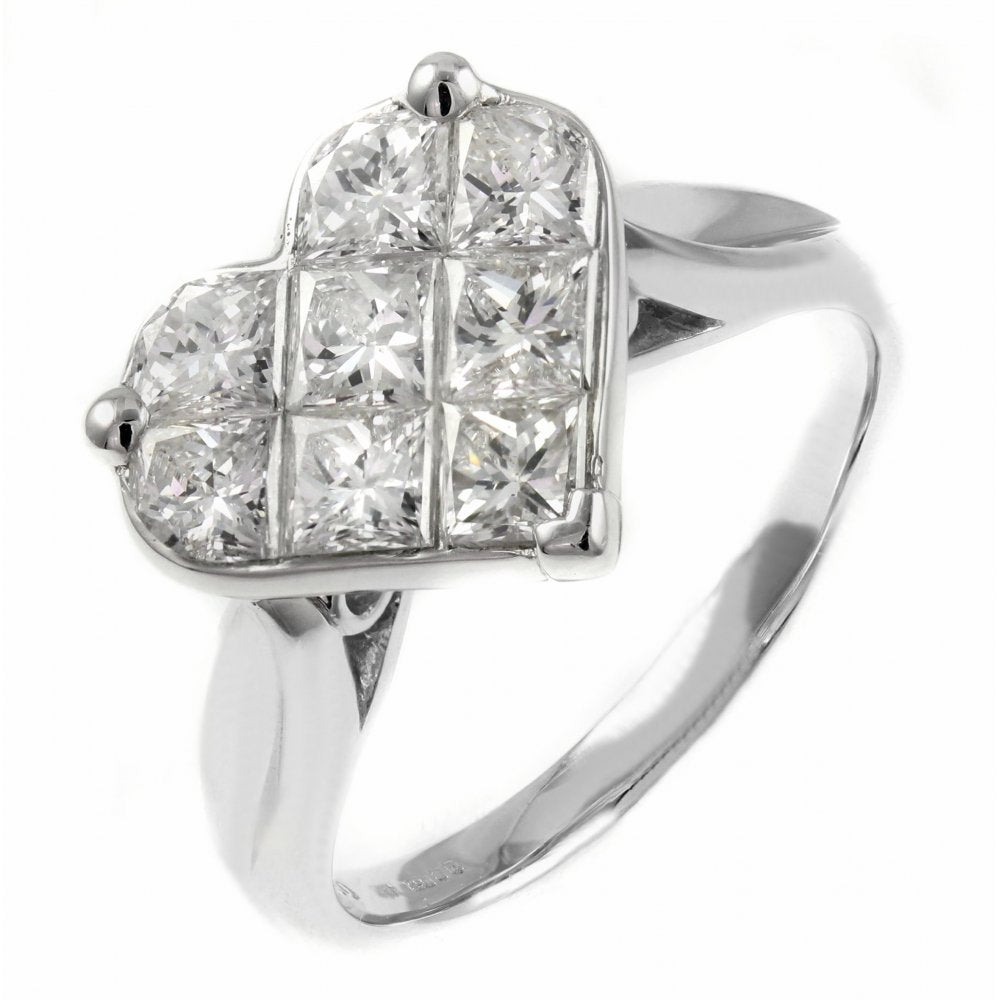 Platinum 1.51ct heart shaped invisible set diamond cluster ring
