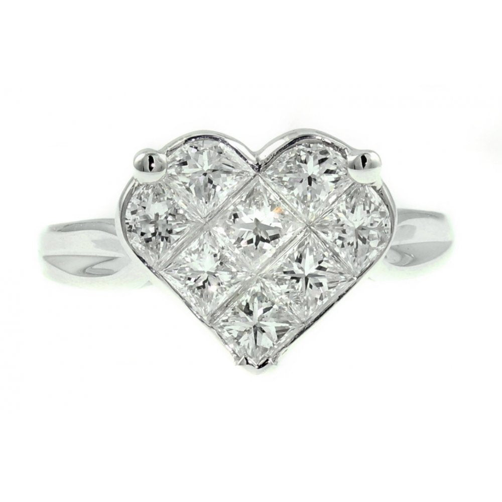 Platinum 1.51ct heart shaped invisible set diamond cluster ring