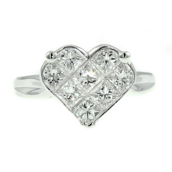 Platinum 1.51ct heart shaped invisible set diamond cluster ring