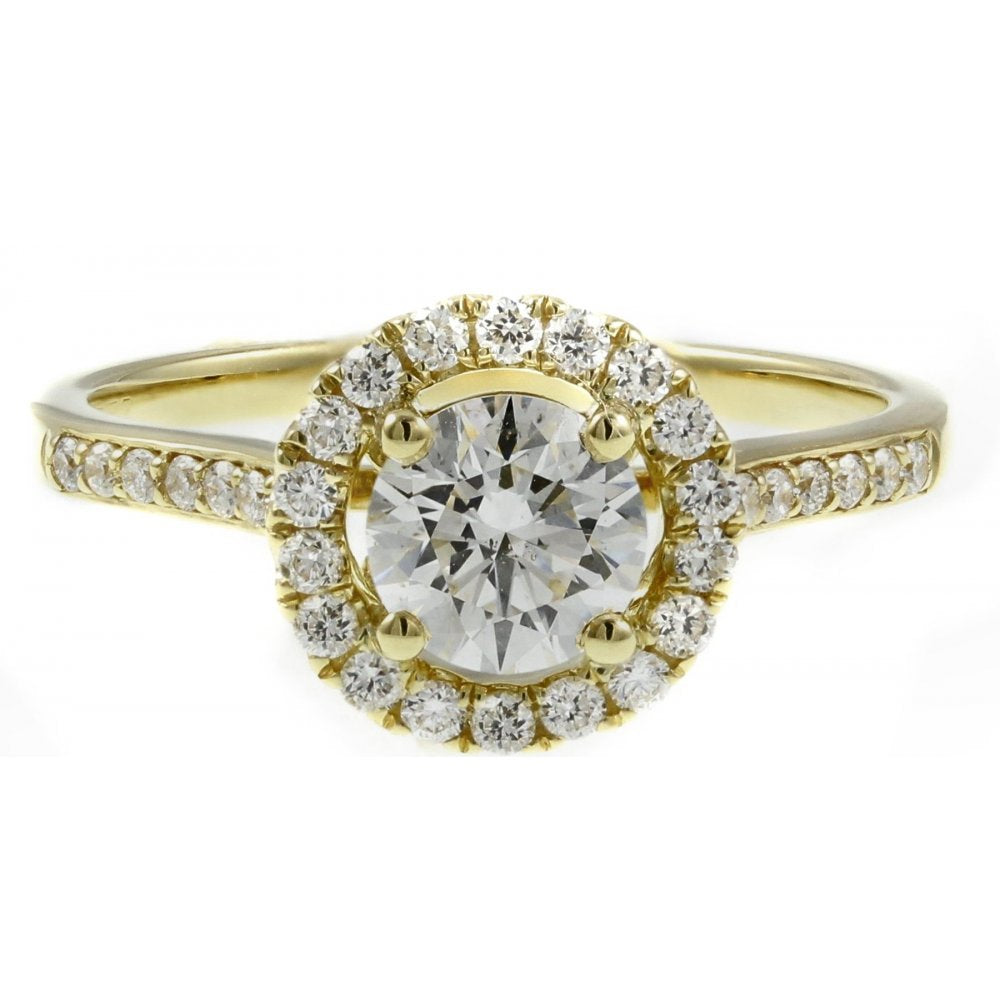 18ct yellow gold 0.73ct round brilliant cut diamond halo ring