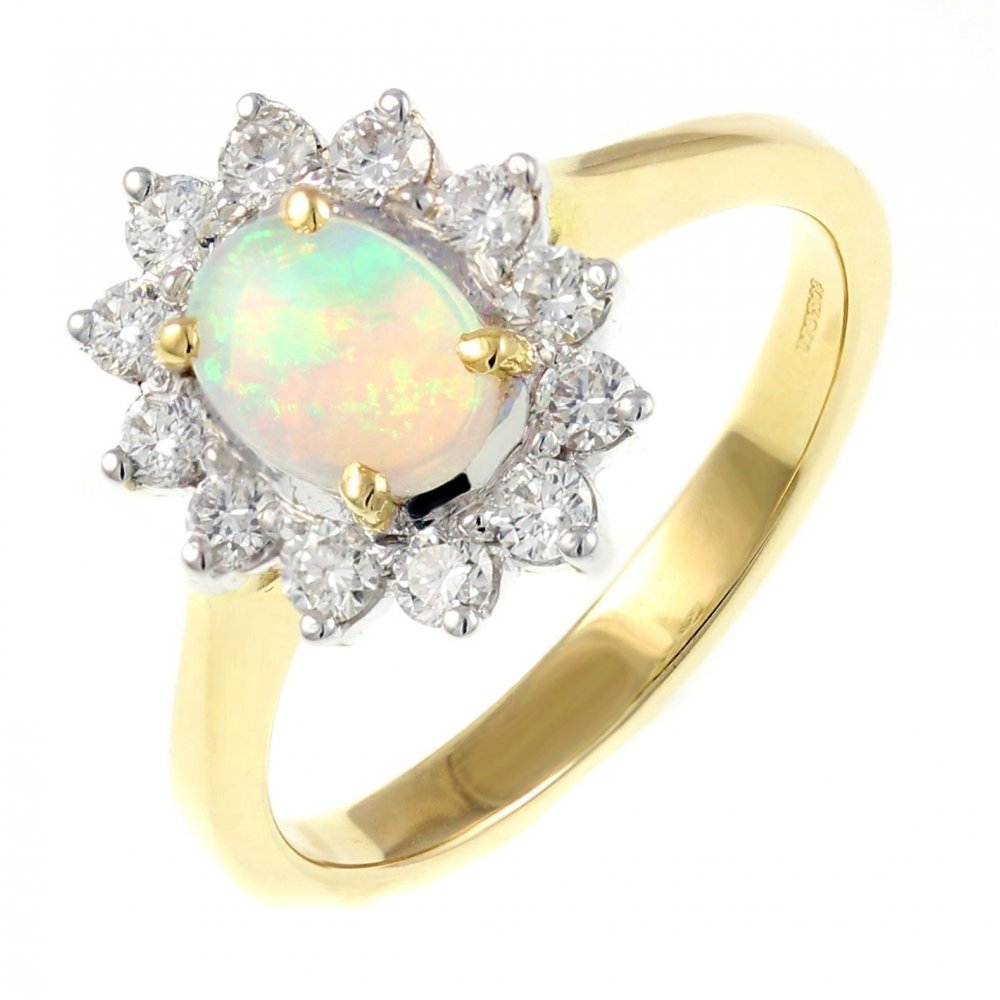 18ct yellow gold 0.47ct opal & 0.30ct diamond cluster ring