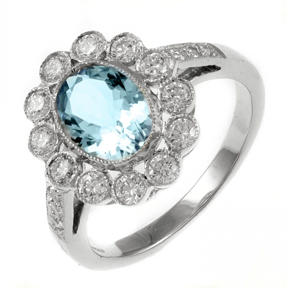 18ct white gold 1.07ct aquamarine & 0.52ct diamond cluster ring
