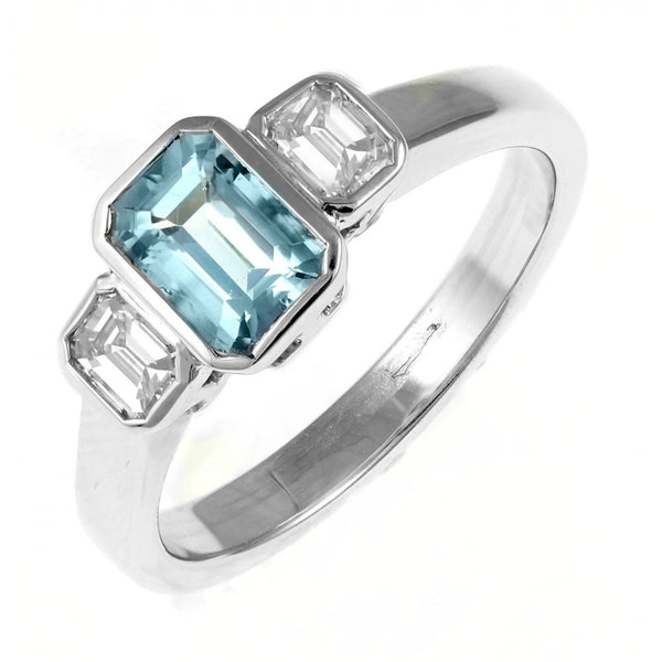 Platinum 1.11ct aquamarine & 0.45ct diamond 3 stone ring