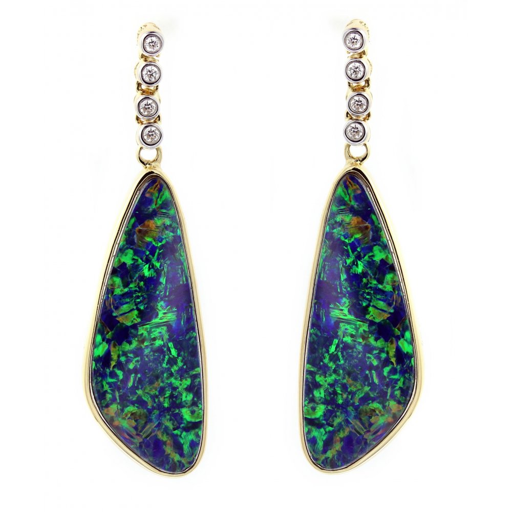 18ct yellow gold 9.74ct opal doublet & diamond drop earrings.
