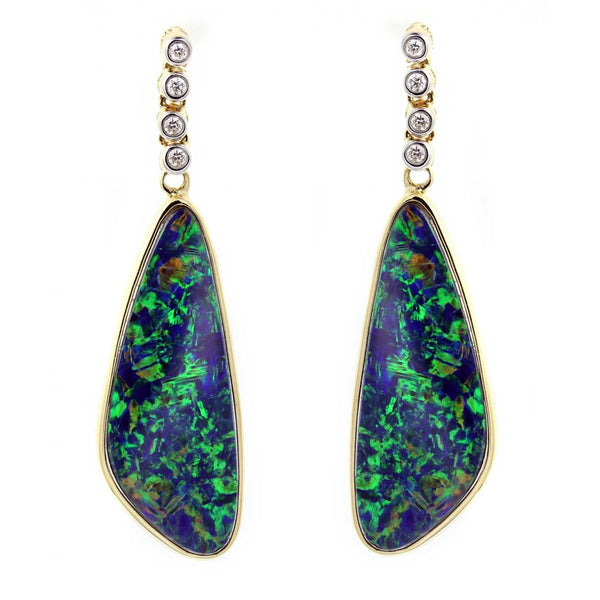 18ct yellow gold 9.74ct opal doublet & diamond drop earrings.