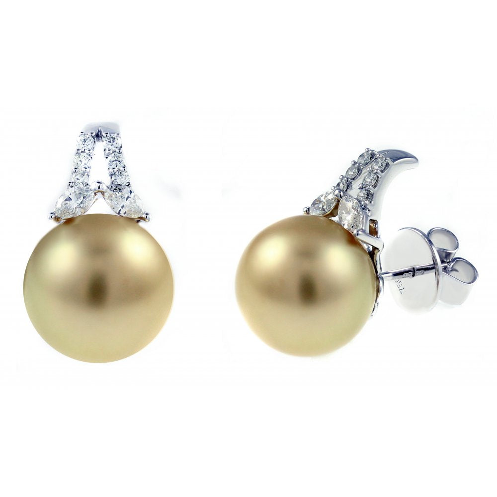 18ct white gold 12.5mm golden pearl & 0.56ct diamond earrings