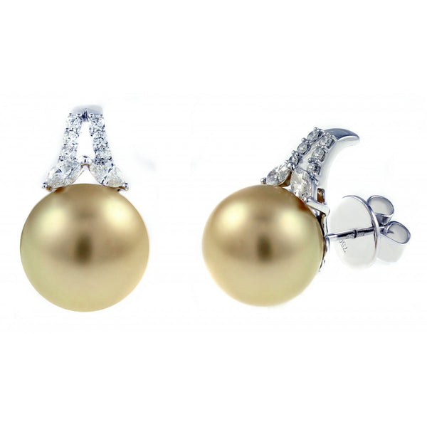18ct white gold 12.5mm golden pearl & 0.56ct diamond earrings
