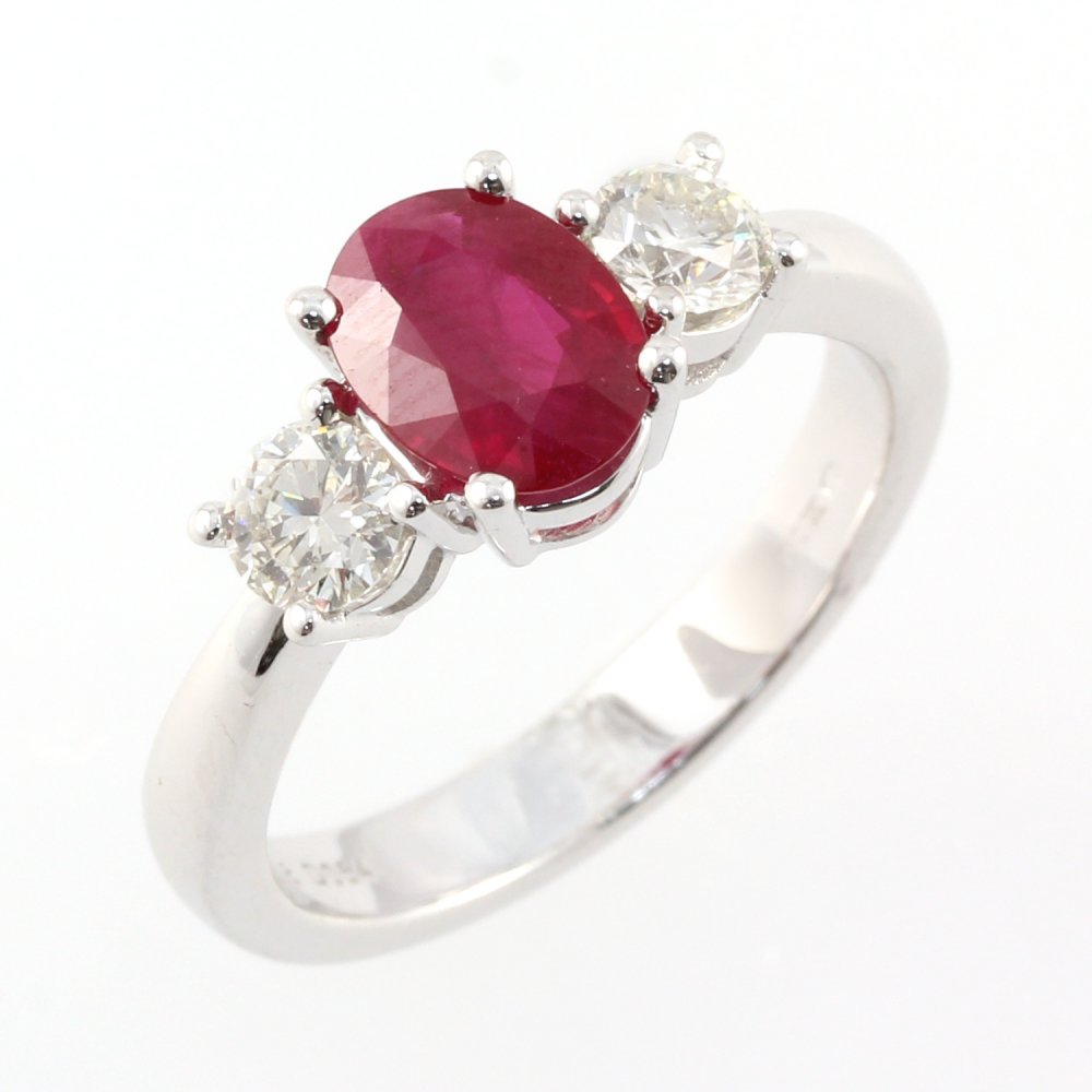 Platinum 1.85ct ruby & 0.50ct round diamond 3 stone ring