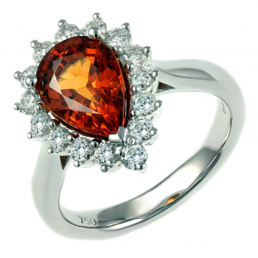 18ct white gold 3.03ct manderin garnet & 0.69ct diamond cluster