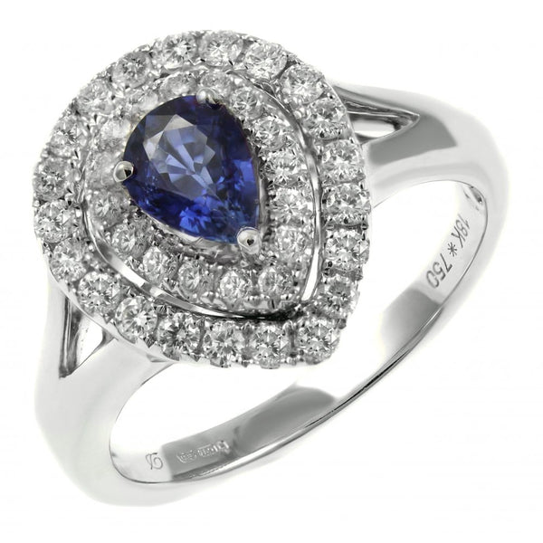 18ct white gold 0.75ct sapphire 0.60ct diamond double halo ring