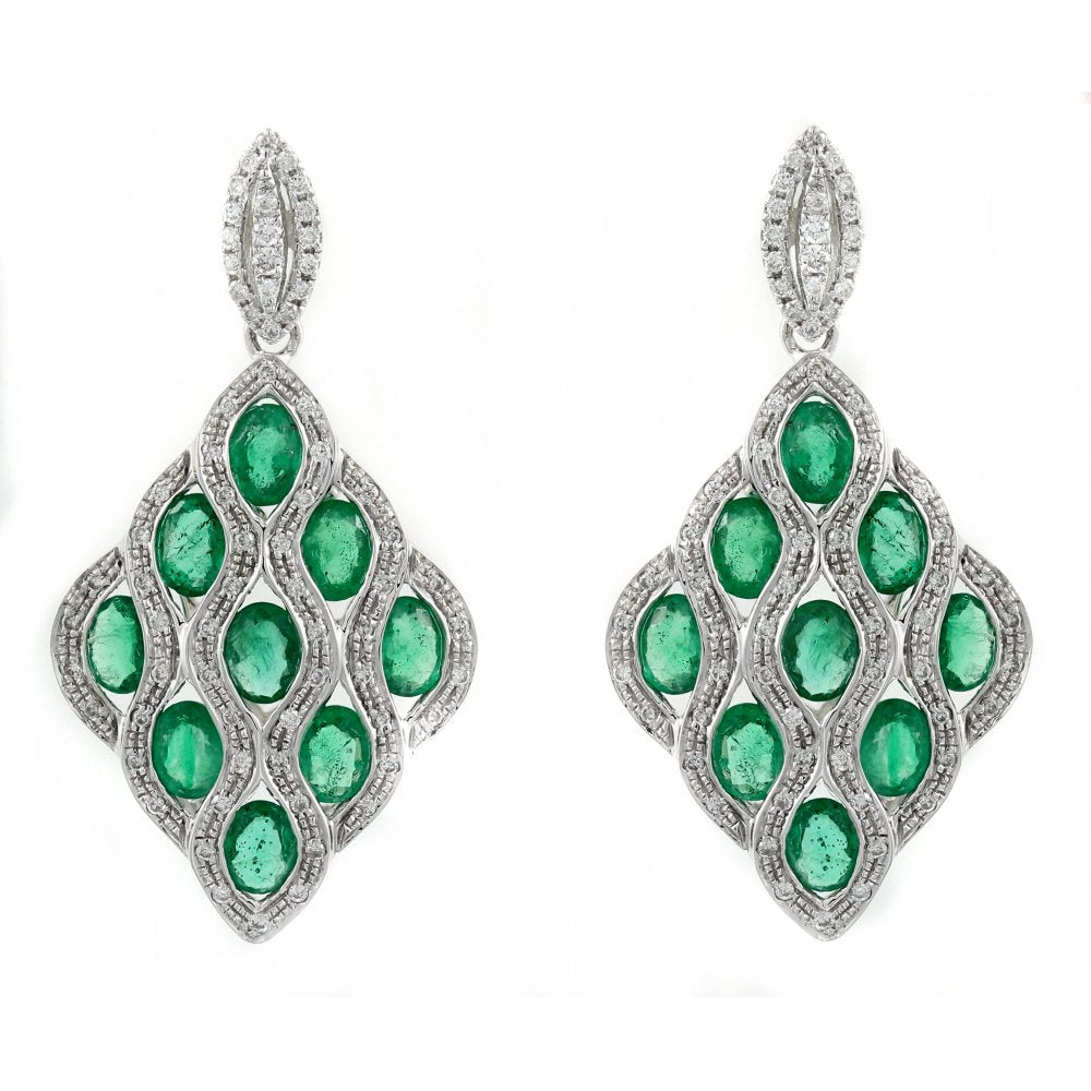 18ct white gold 2.61ct emerald & 0.38ct diamond peacock earrings