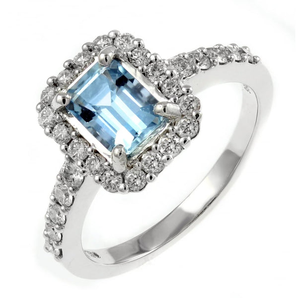 18ct white gold 0.97ct aquamarine & 0.49ct diamond cluster ring
