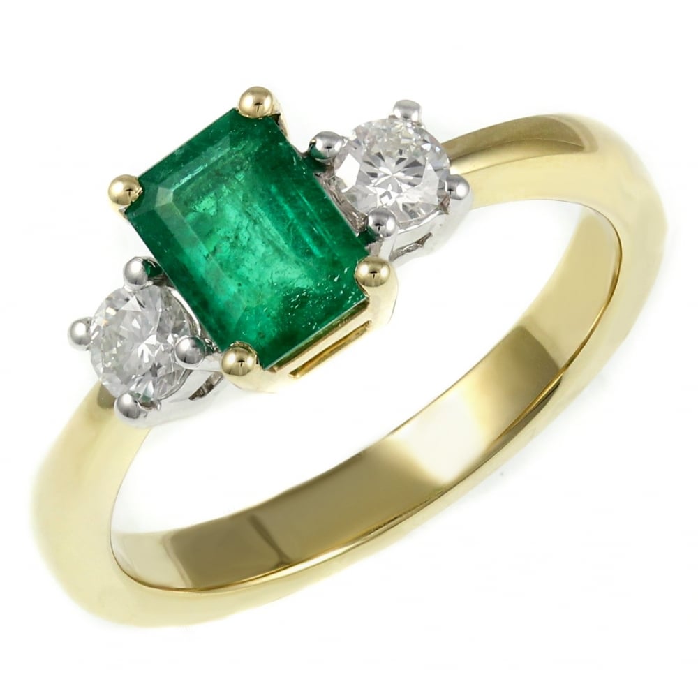 18ct yellow gold 0.76ct emerald & 0.30ct diamond 3 stone ring