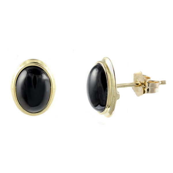 9ct yellow gold 9mm x 7mm oval black onyx stud earrings