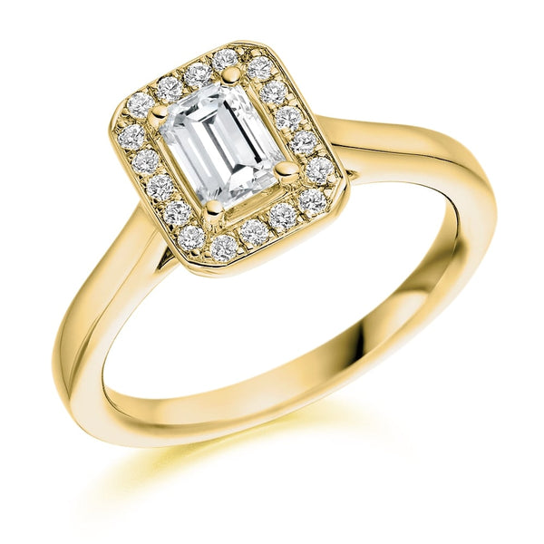 18ct yellow gold 0.49ct F VS2 IGI emerald cut diamond halo ring