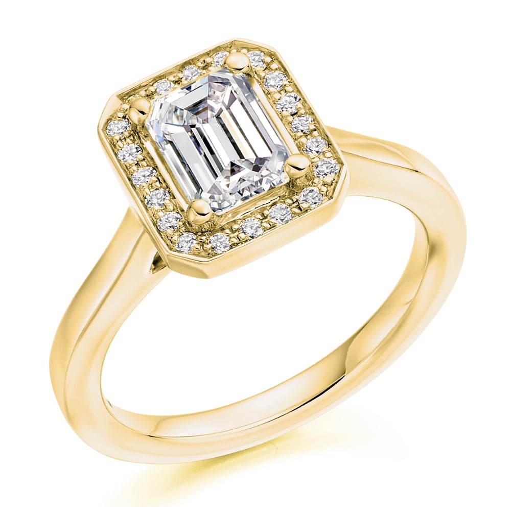 18ct yellow gold 1.02ct F IF GIA emerald cut diamond halo ring