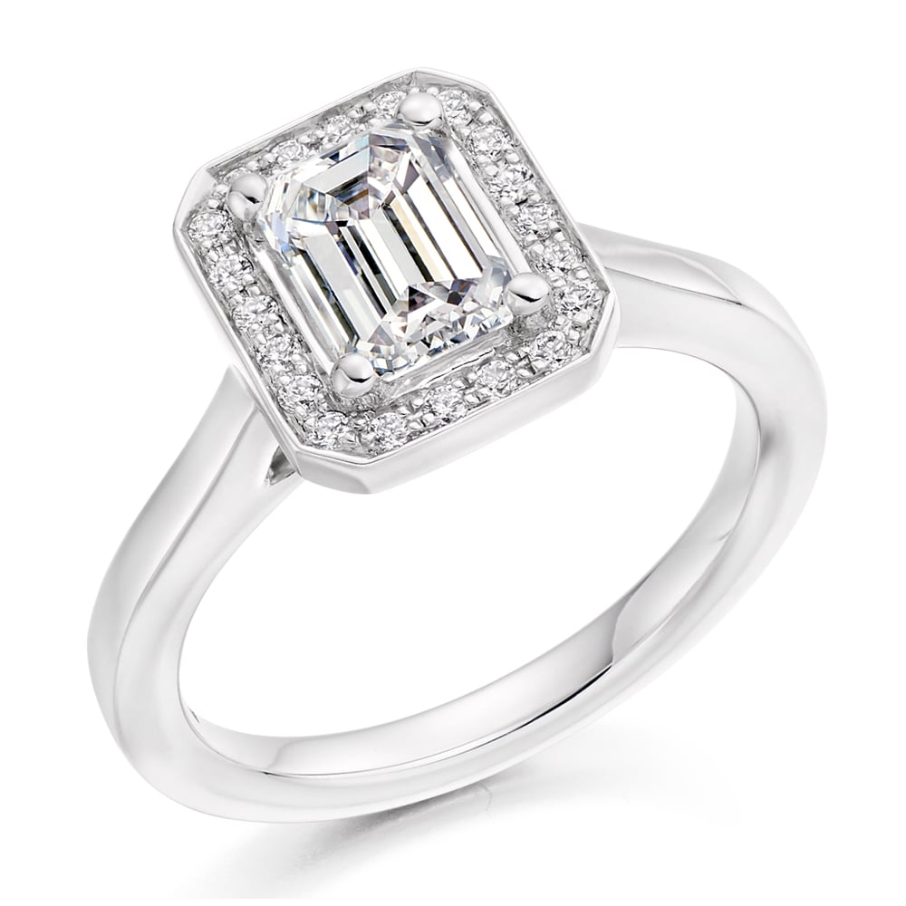 Platinum 1.02ct E VS1 GIA emerald cut diamond halo ring