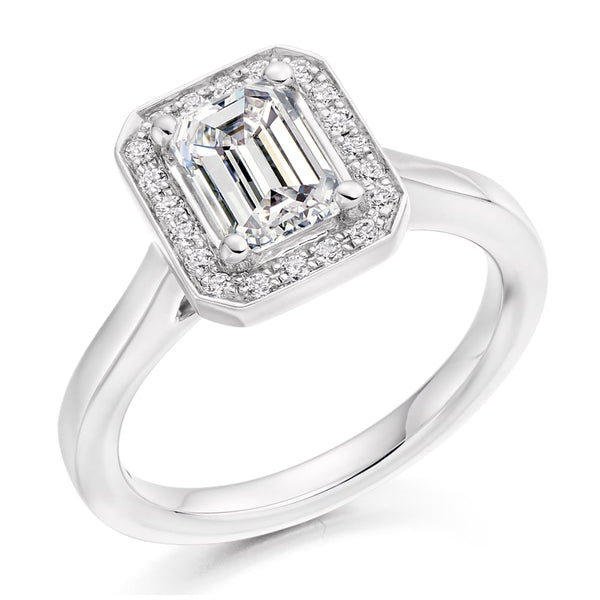 Platinum 1.02ct E VS1 GIA emerald cut diamond halo ring