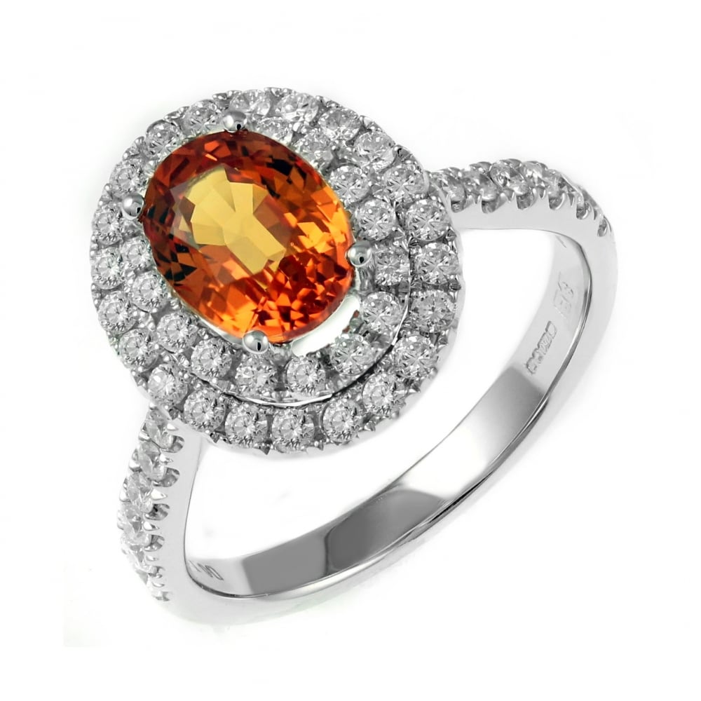 18ct white gold 1.57ct orange sapphire 0.65ct diamond halo ring