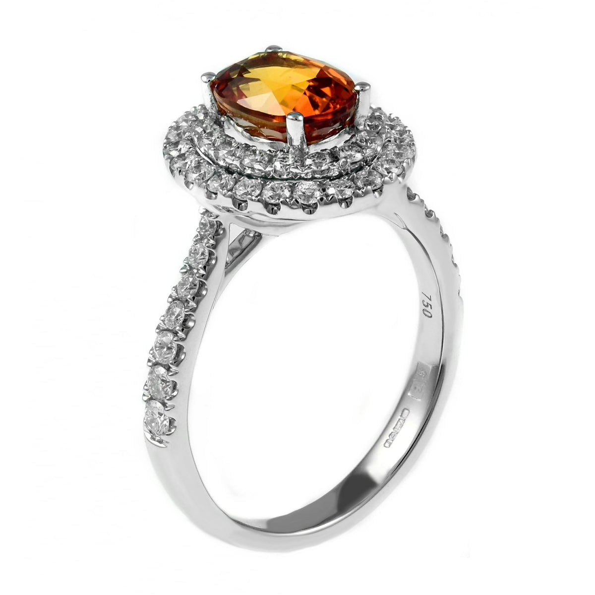 18ct white gold 1.57ct orange sapphire 0.65ct diamond halo ring