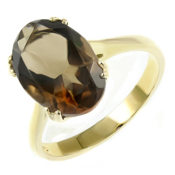 9ct yellow gold 14mm x 10mm oval smoky quartz ring