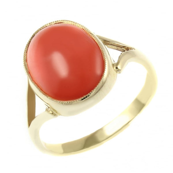 9ct yellow gold 14mm x 10mm oval coral ring