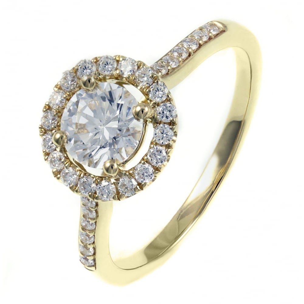 18ct yellow gold 0.73ct round brilliant cut diamond halo ring