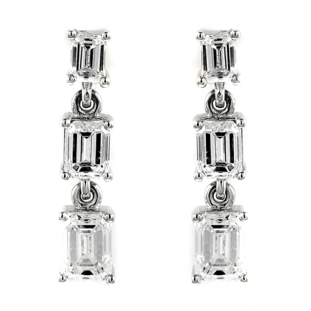 18ct white gold 2.80ct emerald cut diamond 3 stone drop earrings