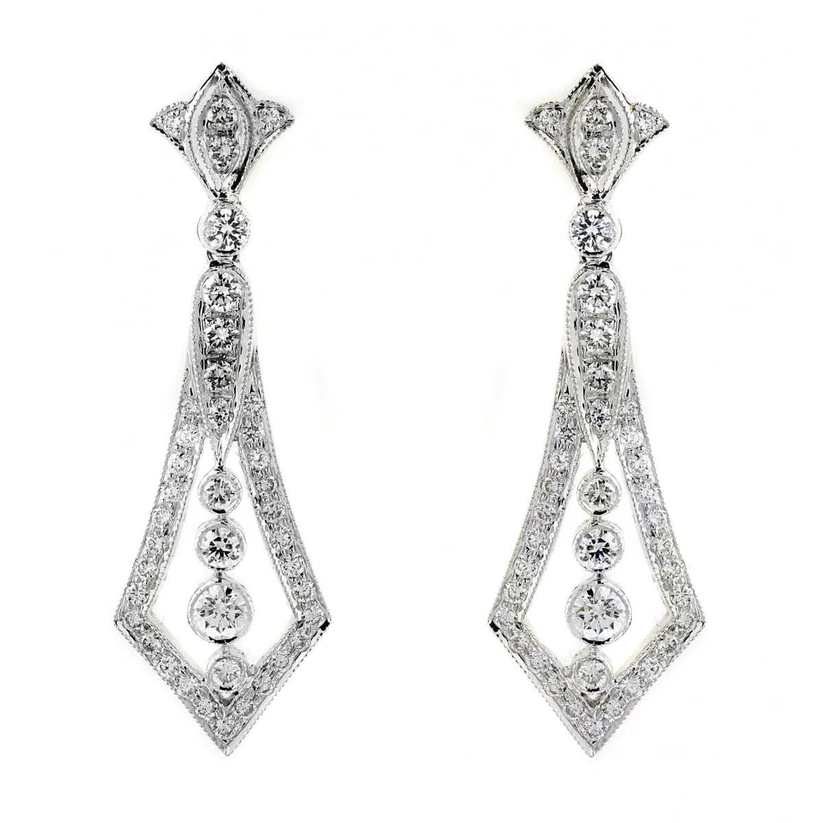 18ct white gold 1.35ct diamond Art Deco style drop earrings.