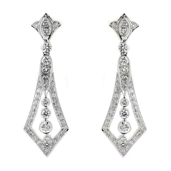 18ct white gold 1.35ct diamond Art Deco style drop earrings.
