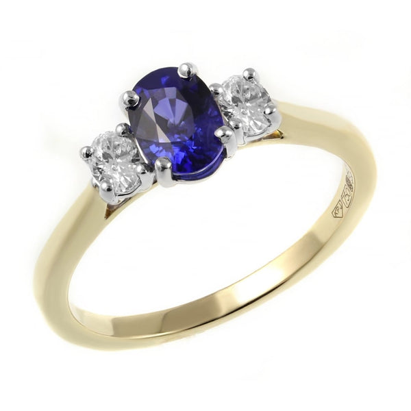 18ct yellow gold 1.76ct sapphire & 0.28ct diamond 3 stone ring