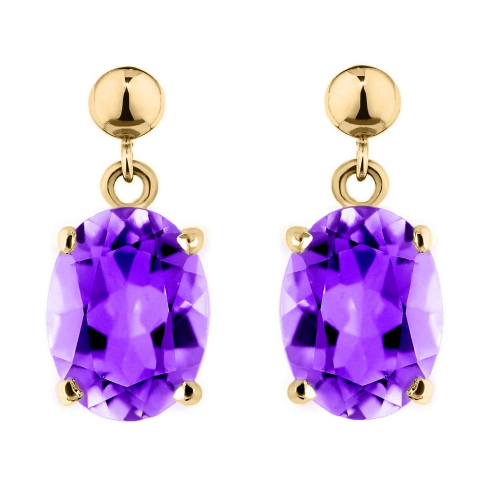 9ct yellow gold 8mm x 6mm oval amethyst drop earrings