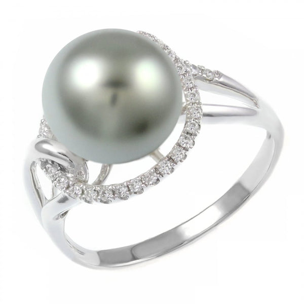 18ct white gold 11mm Tahitian grey pearl & 0.20ct diamond ring