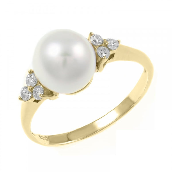 18ct yellow gold 8mm Akoya pearl & 0.15ct diamond ring.