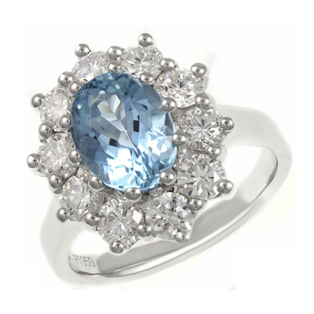 Platinum 1.51ct oval aquamarine & 1.38ct diamond cluster ring