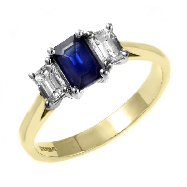 18ct yellow gold 0.59ct sapphire & 0.50ct diamond 3 stone ring