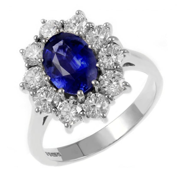 Platinum 1.47ct oval sapphire & 1.00ct diamond cluster ring