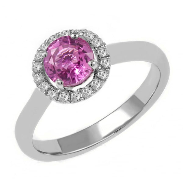 Platinum 0.74ct pink sapphire & 0.23ct diamond halo ring