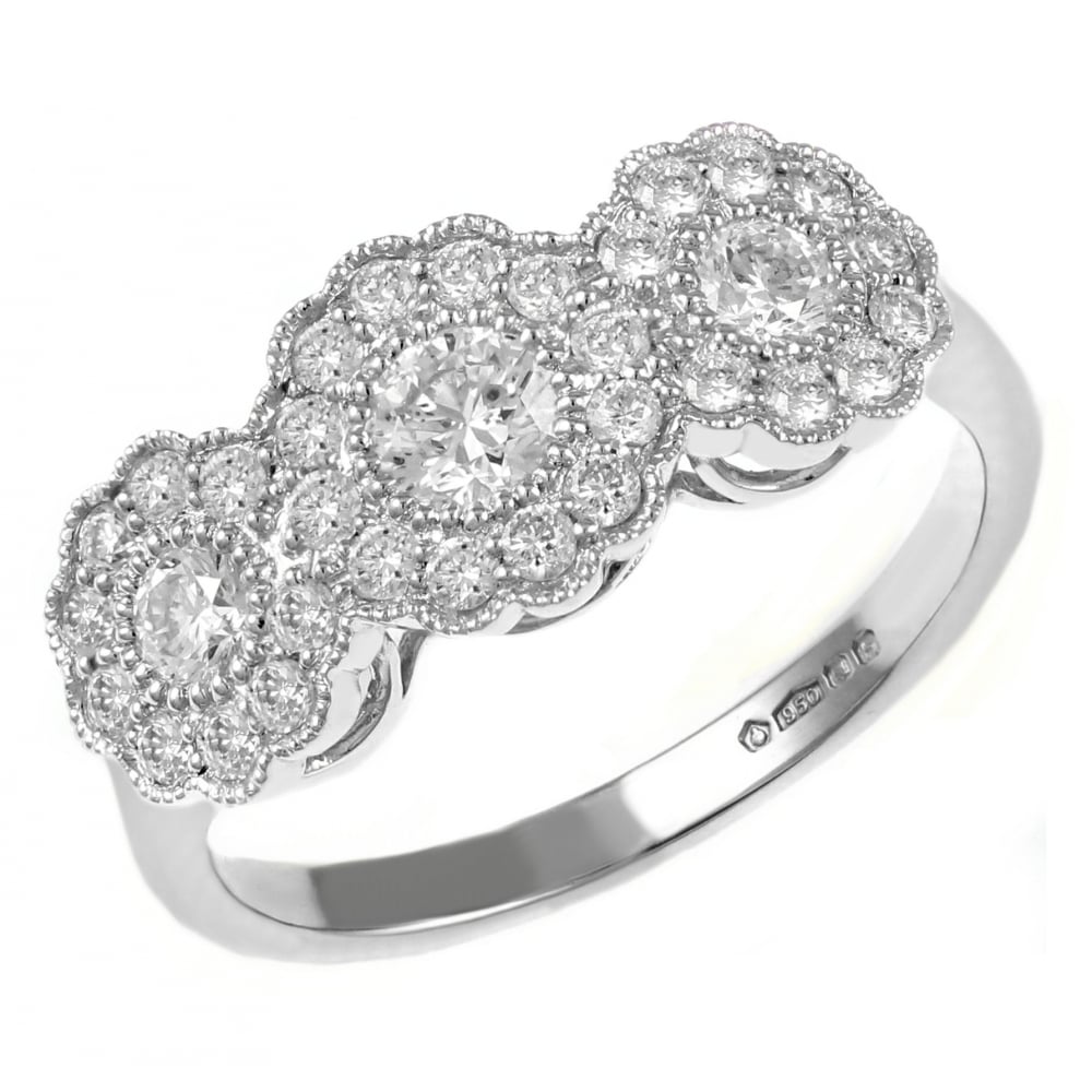 Platinum 0.80ct round brilliant cut diamond triple cluster ring